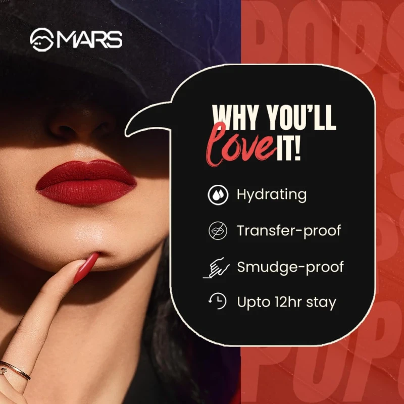 MARS Popstar Non-Drying Liquid Mousse Lipstick for Women with Matte Finish | Lightweight and Non-Sticky Formula | Up to 12 Hour Long Lasting | Transferproof & Waterproof (6.0ml) (18-Hot Topic) thumbnail 5